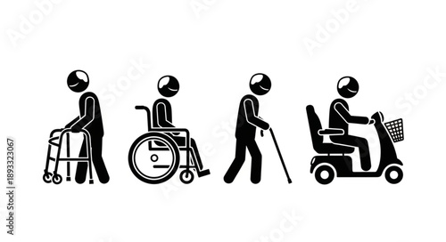 Set of icons representing mobility assistance devices for elderly people.