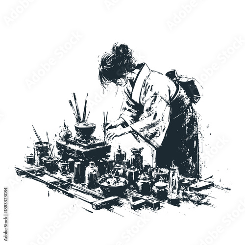 A japanese women arranging the household altar