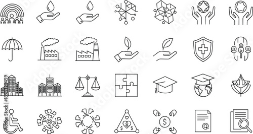 Vector Line Icons of Social Responsibility, Ecology, Legal Justice, Education, Insurance, Diversity, and Business Ethics for Corporate Projects.