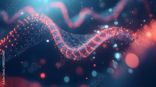 Abstract representation of a glowing interconnected digital data stream weaving through the darkness highlighting concepts of artificial intelligence and complex network connectivity flow.