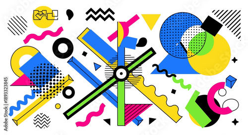 A visually compelling geometric collage that exhibits a dynamic blend of retro 80s and 90s flair