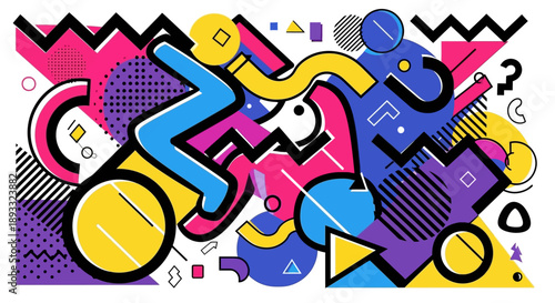 Vibrant abstract illustration with bold geometric shapes, lively colors, and dynamic lines for a