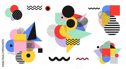 Retro inspired geometric art collage with vibrant color palettes and graphic pattern accents