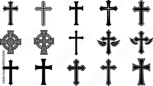 Christian religious cross symbols vector set, black silhouettes of gothic celtic and winged crosses, spiritual faith icons for church and funeral decoration.