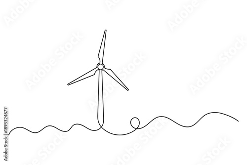 Sleek wind turbine with rhythmic wavy line art drawing for clean energy motion and environmental branding