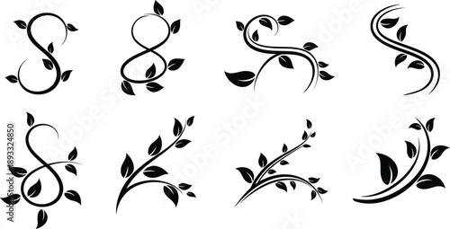 Collection of eight black vector floral vine silhouettes with swirls and leaves for decoration.
