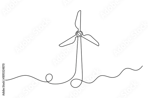Wind turbine with bold geometric base continuous line art drawing for stable renewable energy and minimalist corporate design