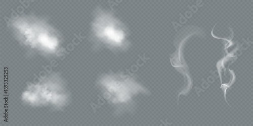 Transparent vector smoke and cloud set. Realistic fire smoke, white fluffy cloud, fog wave, and chimney smoke with overlay effect. Ideal for weather illustration, sky backgrounds