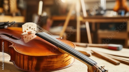 luthier. Violin bow on luthier's workbench with smooth pernambuco wood grain. safety posters, maintenance manuals, designed for precision metalworking and fabrication facilities.