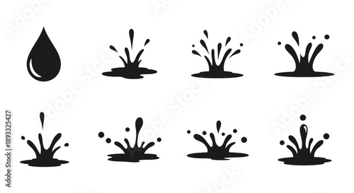 Set of black water splash icons and droplet.