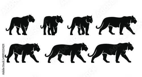 Set of black panther silhouettes in various walking poses.