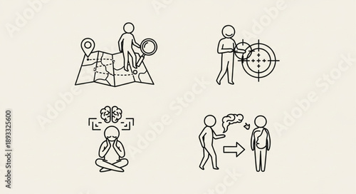 Set of four simple line art icons representing business concepts and human interaction.