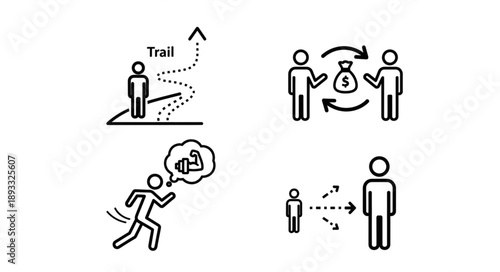 Set of four simple icons representing business concepts and activities.