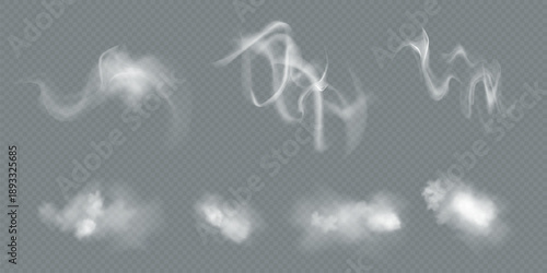 Transparent vector smoke and cloud set. Realistic fire smoke, white fluffy cloud, fog wave, and chimney smoke with overlay effect. Ideal for weather illustration, sky backgrounds