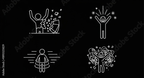 Set of four abstract line art icons representing human emotions and experiences.