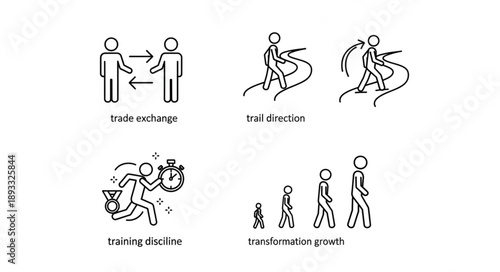 Set of five simple line drawings depicting social distancing and other concepts.