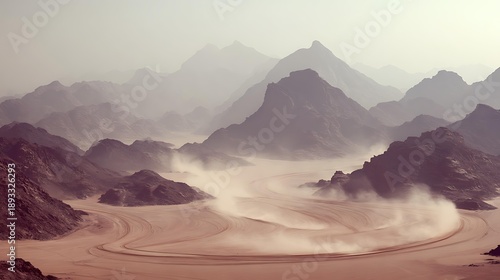 Desert off-road racing track at sunset adventurous freedom mood warm cinematic tone panoramic wide angle golden dust in air, Realistic Photo