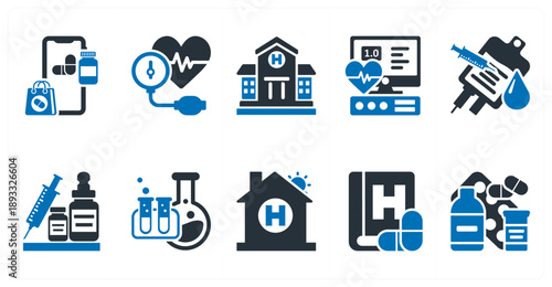 A set of 10 mix icons as order, blood pressure meter, hospital