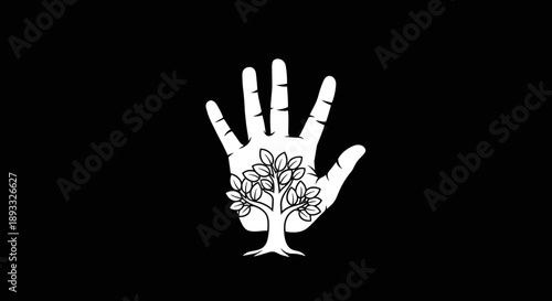White Tree Growing Inside Open Hand Silhouette.