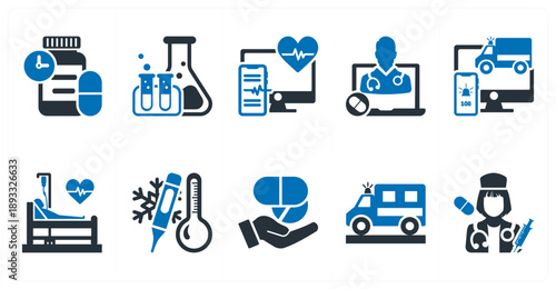 A set of 10 mix icons as pill timer, medical research, electronics records