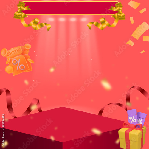 Flash sale banner, Big sale with sparkling lights, gift boxes and gift vouchers. Shopping day promotion, online shopping, special Offer coupon, voucher, banner template.