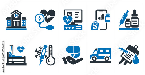 A set of 10 mix icons as hospital, blood pressure meter, ecg tracing