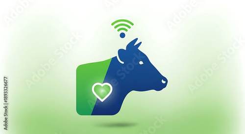Eco friendly cow with heart symbol and wi fi signal on green gradient background representing sustainable farming and technology