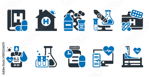 A set of 10 mix icons as medical literature, clinic, medicines