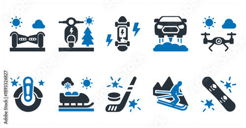 A set of 10 mix icons as gyroscooter, electric scooter, electric longboard