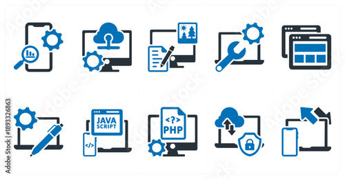 A set of 10 mix icons as app optimization, data management, content management