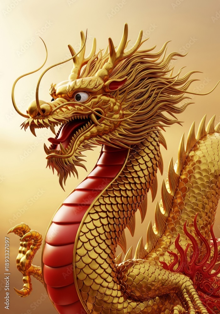 Fototapeta premium Golden Dragon Sculpture Intricate Scales Red Accents Warm Background