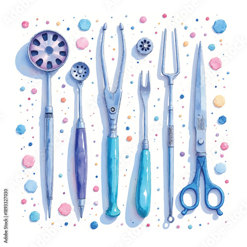 A collection of vintage surgical or dental instruments and tools arranged on a white background with colorful confetti.