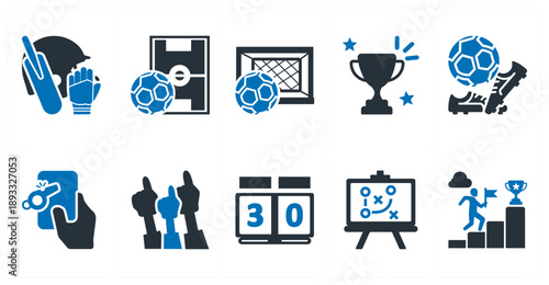A set of 10 mix icons as kit, football pitch, goal