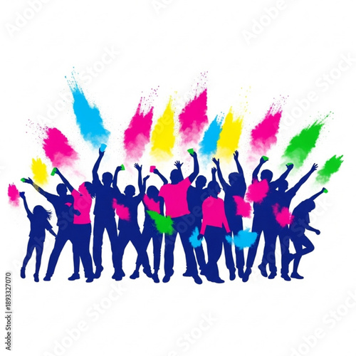 A diverse group of people celebrating with colorful powder in the air