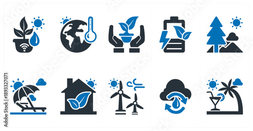 A set of 10 mix icons as smart plant pot, global warming