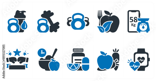 A set of 10 mix icons as sport shakers, weight training, kettle bell