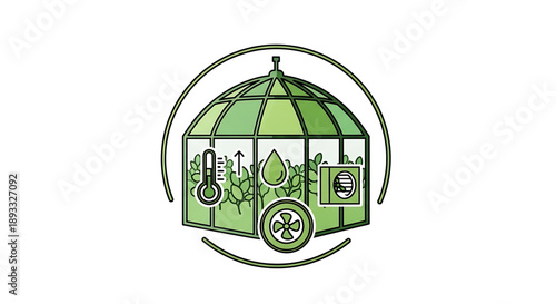 Greenhouse cart with plants and climate control tools inside a circular frame symbolizing sustainable growth and eco friendly gardening practices