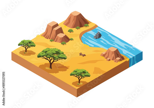 Isometric 3D view illustration of an African savanna-inspired landscape with grasslands, acacia trees, dirt roads, and wide open natural terrain
