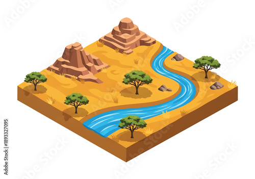 Isometric 3D view illustration of an African savanna-inspired landscape with grasslands, acacia trees, dirt roads, and wide open natural terrain