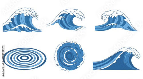 Hand drawn ocean waves and spiral vortex set in blue ink minimalist line art illustration