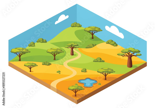 Isometric 3D view illustration of an African savanna-inspired landscape with grasslands, acacia trees, dirt roads, and wide open natural terrain