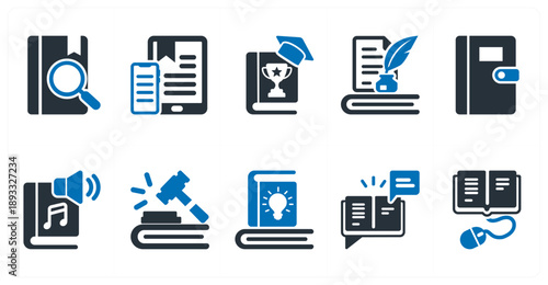 A set of 10 mix icons as search, e book reader, motivation books