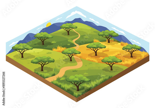 Isometric 3D view illustration of an African savanna-inspired landscape with grasslands, acacia trees, dirt roads, and wide open natural terrain