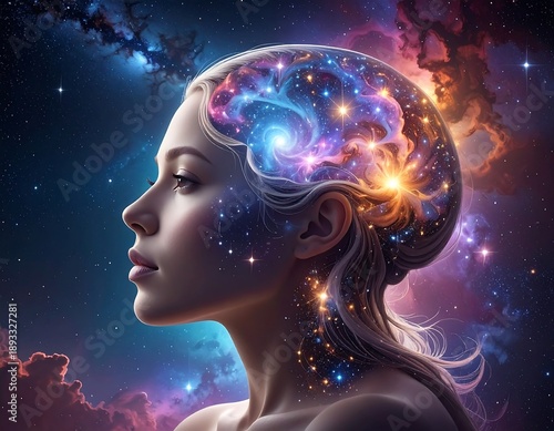 A woman's head with a vibrant, cosmic brain against a starry background