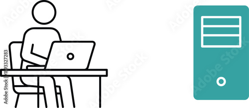 Person working on laptop at desk with server icon representing data storage technology and modern IT infrastructure