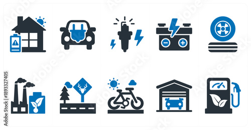 A set of 10 mix icons as low energy house, electro car, spark plug