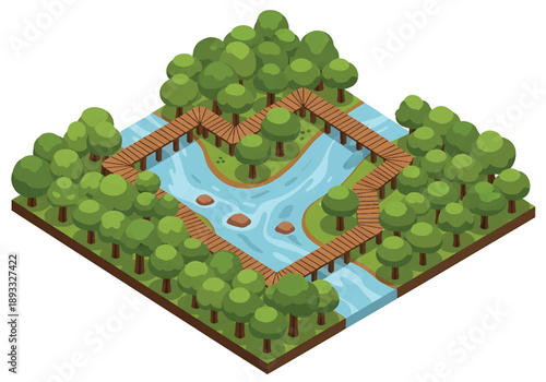 Isometric 3D view illustration of an Amazon rainforest-inspired landscape with dense trees, winding river, wooden walkways, and tropical scenery