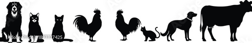 Collection of black silhouettes representing domestic and farm animals including dogs, cats, roosters, and a cow for veterinary, agricultural, and ranch design projects.