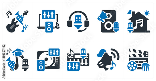 A set of 10 mix icons as band, sound producer, recording