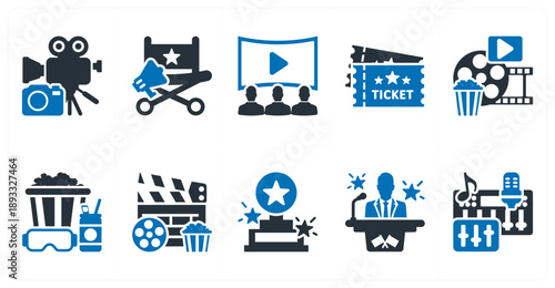 A set of 10 mix icons as camera, director chair, cinema hall